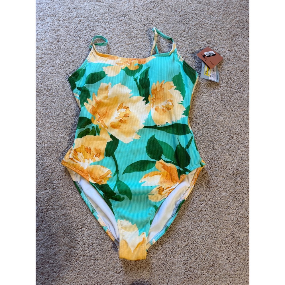 Shade & Shore Turquoise One-Piece Swimsuit with Yellow Floral Print
